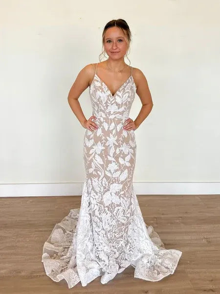Mermaid Spaghetti Strap Backless Lace White Evening Dress With Sweep Train
