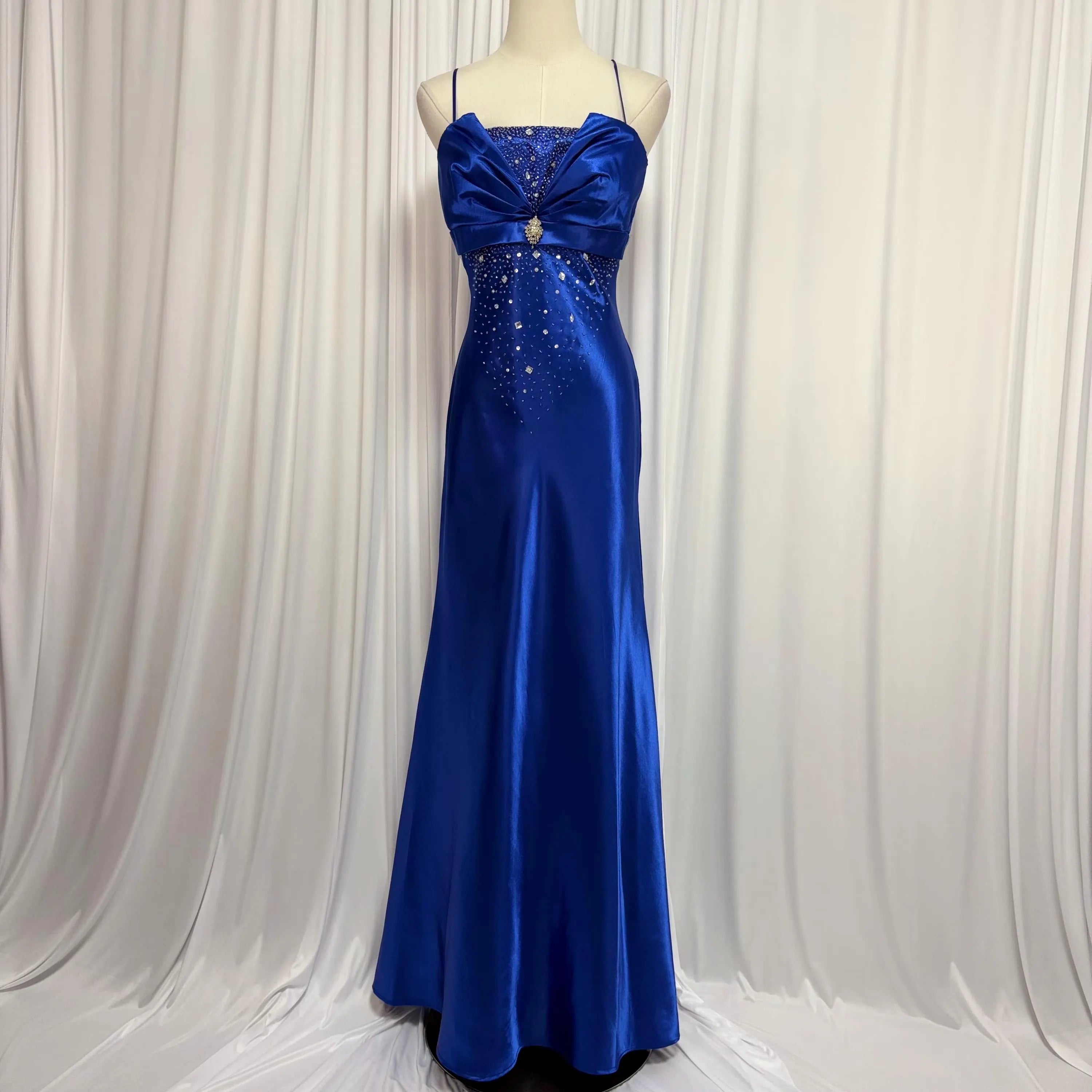 Mermaid Spaghetti Strap Beaded Satin Royal Blue Floor-Length Prom Dress Handmade