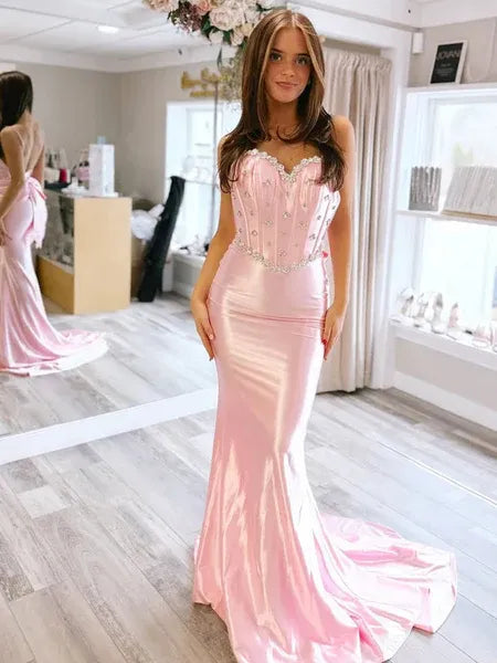 Mermaid Spaghetti Strap Corset Beaded Bow Satin Pink Train Evening Dress