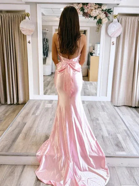 Mermaid Spaghetti Strap Corset Beaded Bow Satin Pink Train Evening Dress