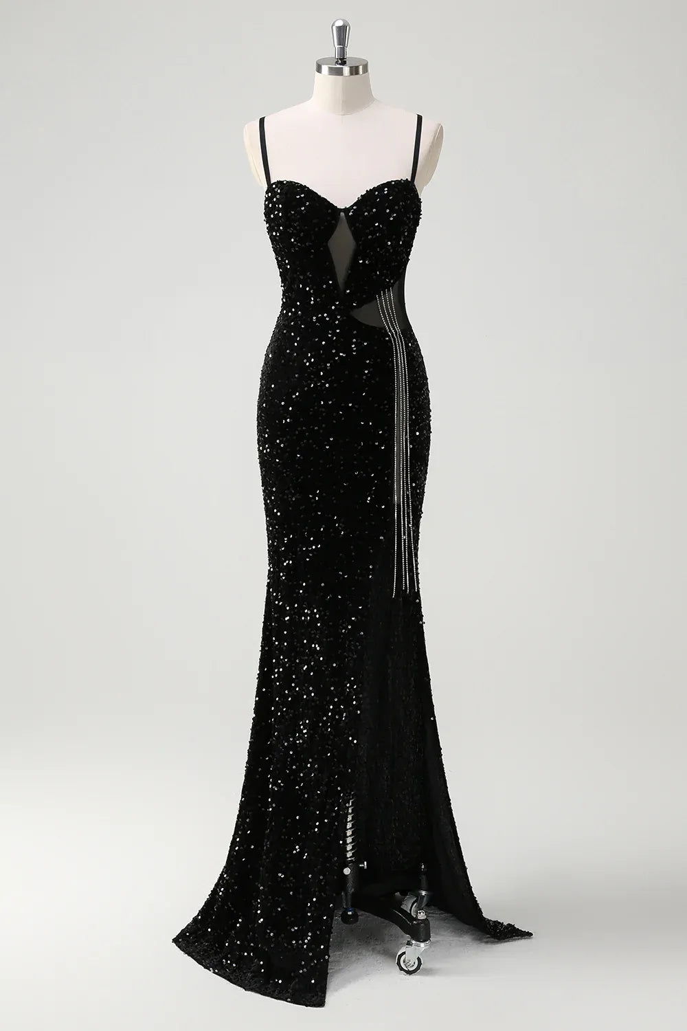 Mermaid Spaghetti Strap Cutout Sequin Black Maxi Prom Dress With Fringe