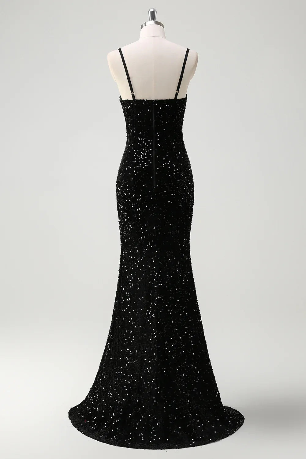 Mermaid Spaghetti Strap Cutout Sequin Black Maxi Prom Dress With Fringe