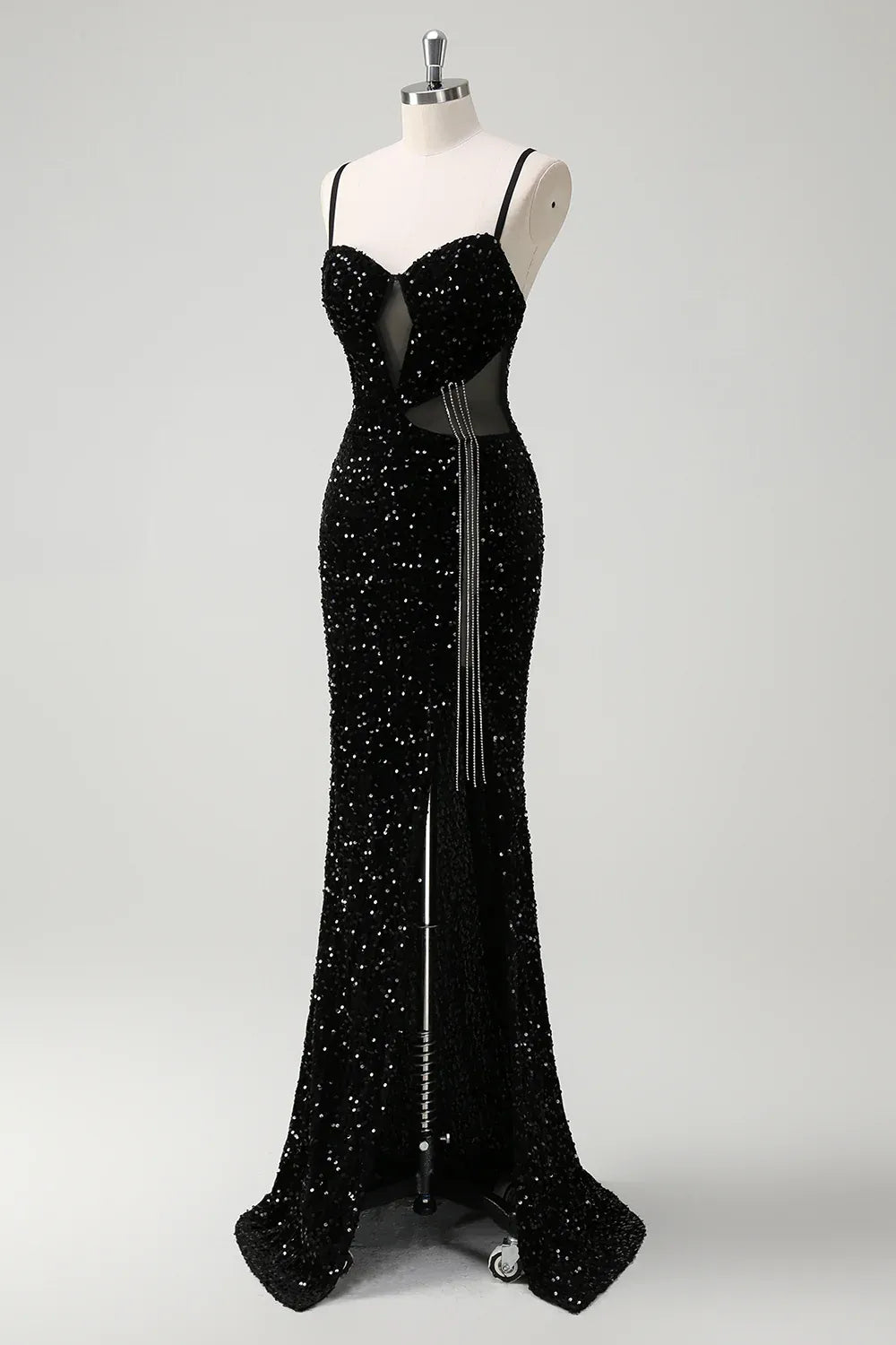 Mermaid Spaghetti Strap Cutout Sequin Black Maxi Prom Dress With Fringe
