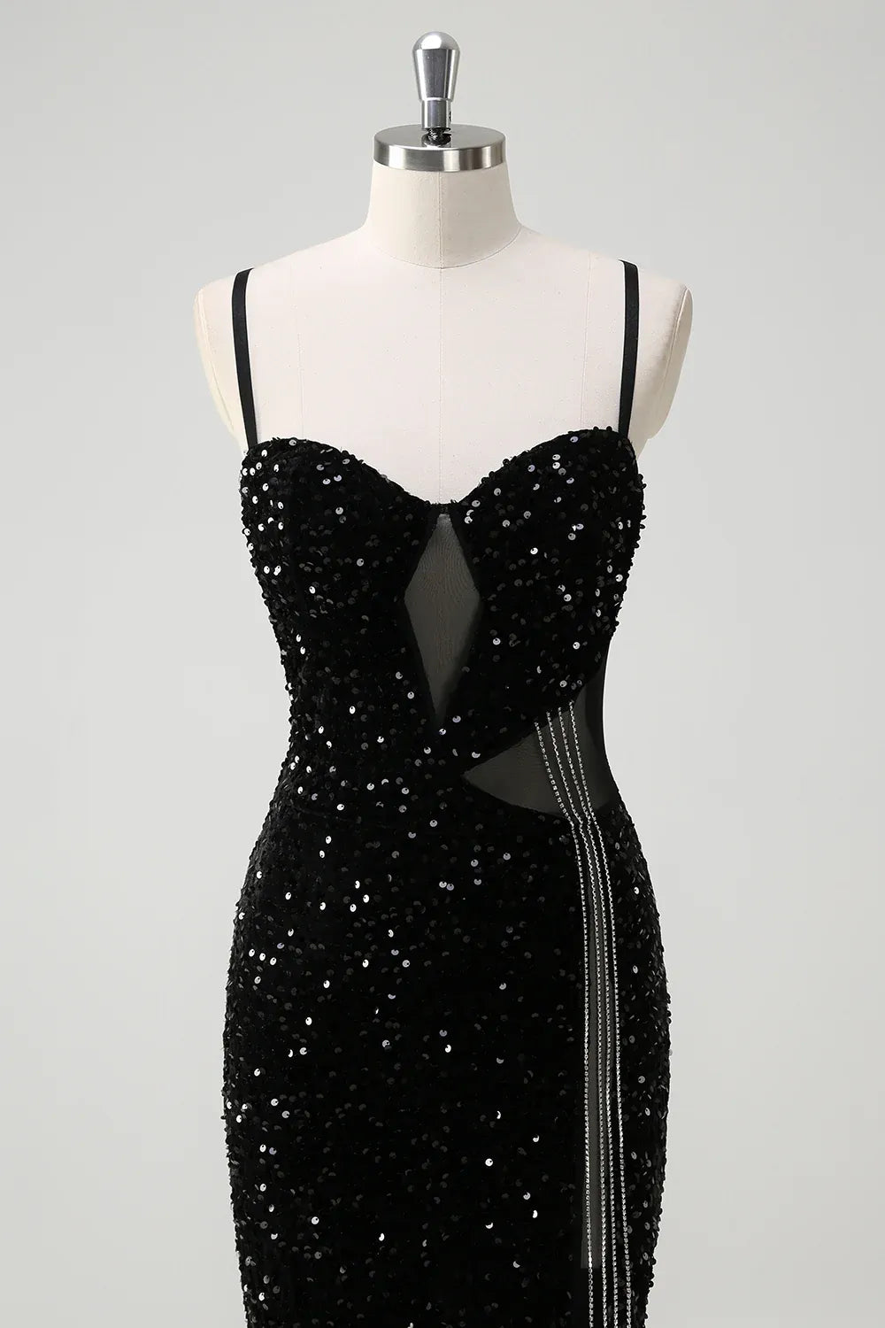 Mermaid Spaghetti Strap Cutout Sequin Black Maxi Prom Dress With Fringe