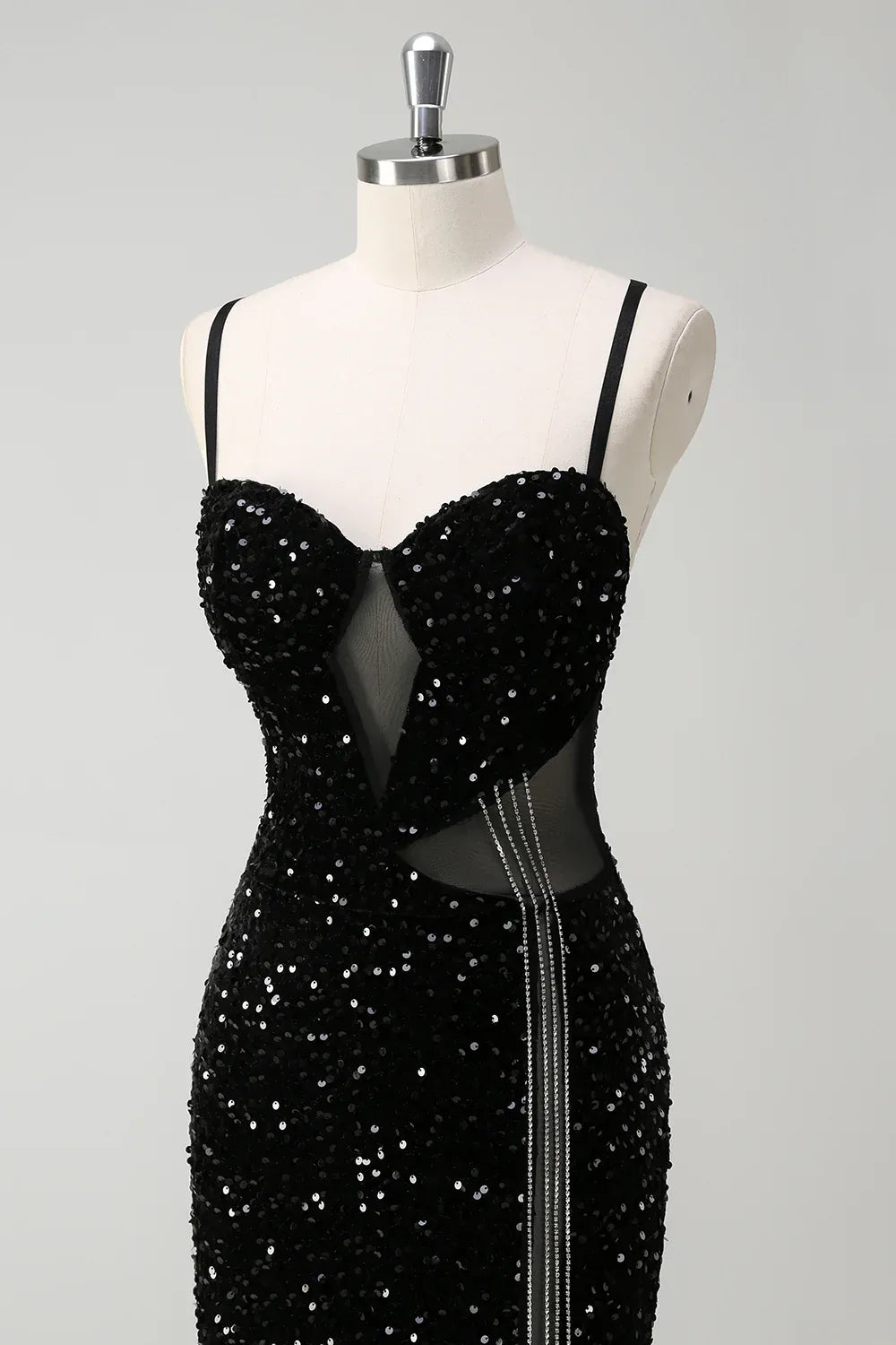 Mermaid Spaghetti Strap Cutout Sequin Black Maxi Prom Dress With Fringe