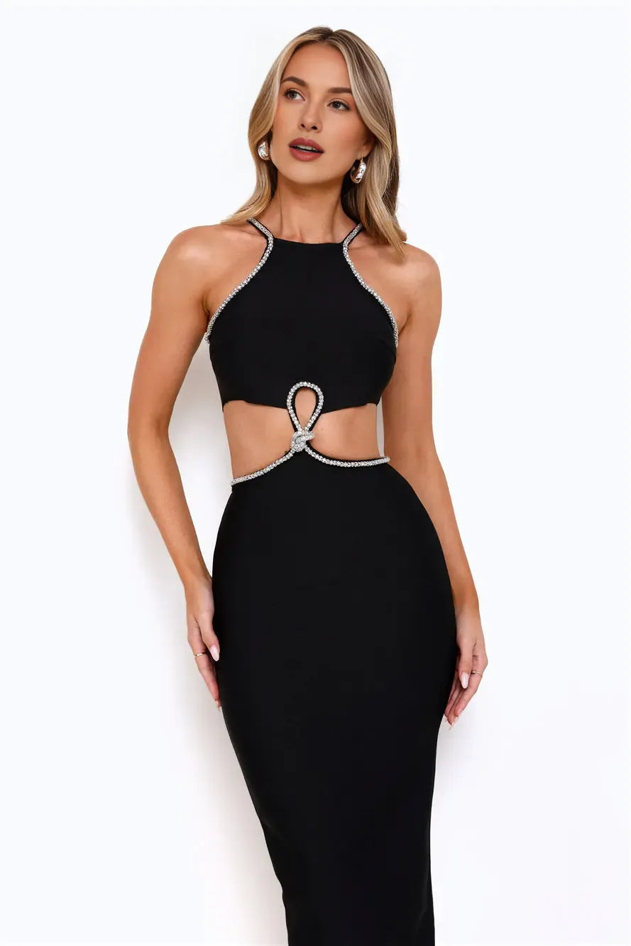 Mermaid Spaghetti Strap Cutout Waist Black Maxi Evening Dress With Rhinestones
