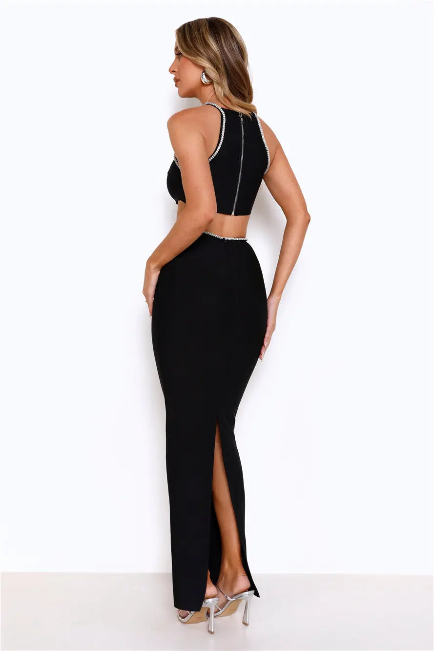Mermaid Spaghetti Strap Cutout Waist Black Maxi Evening Dress With Rhinestones