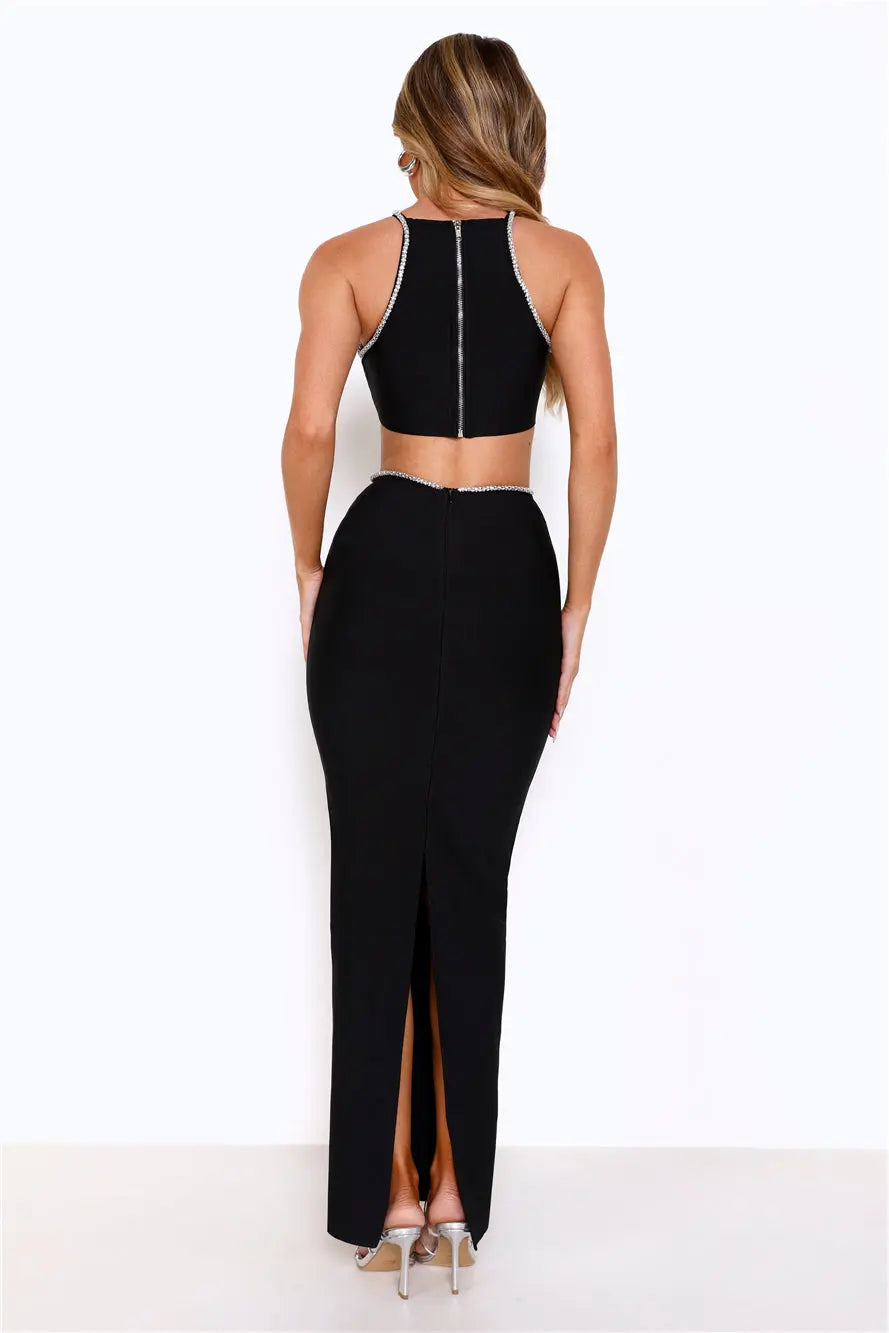 Mermaid Spaghetti Strap Cutout Waist Black Maxi Evening Dress With Rhinestones