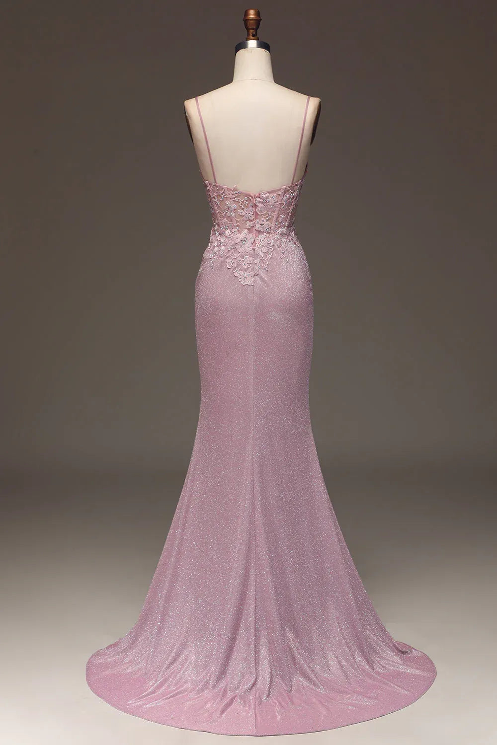 Mermaid Spaghetti Strap Floral Applique Glitter Dusty Pink Maxi Prom Dress