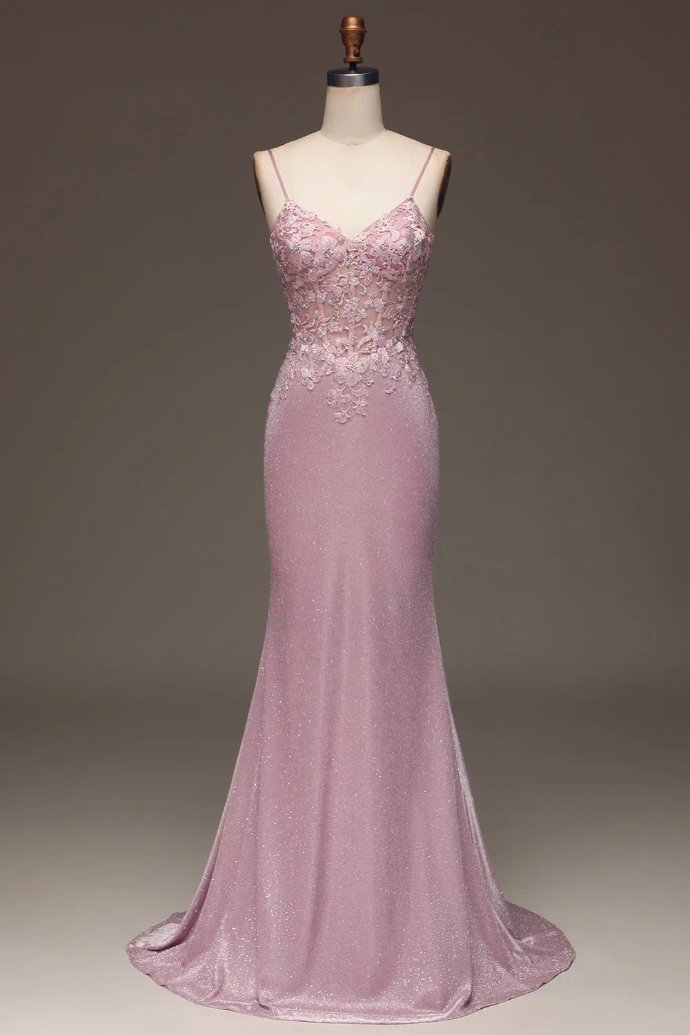 Mermaid Spaghetti Strap Floral Applique Glitter Dusty Pink Maxi Prom Dress