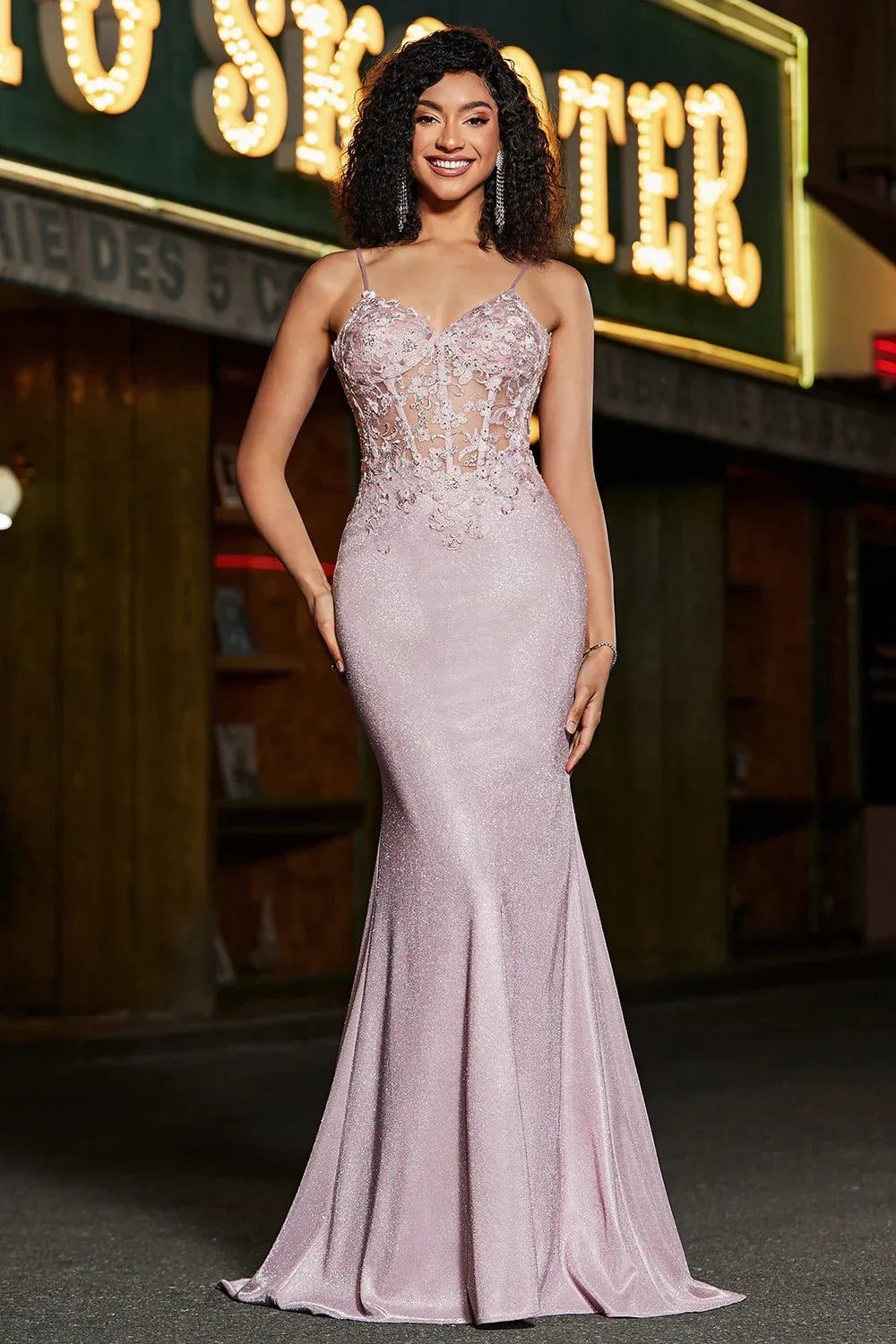 Mermaid Spaghetti Strap Floral Applique Glitter Dusty Pink Maxi Prom Dress