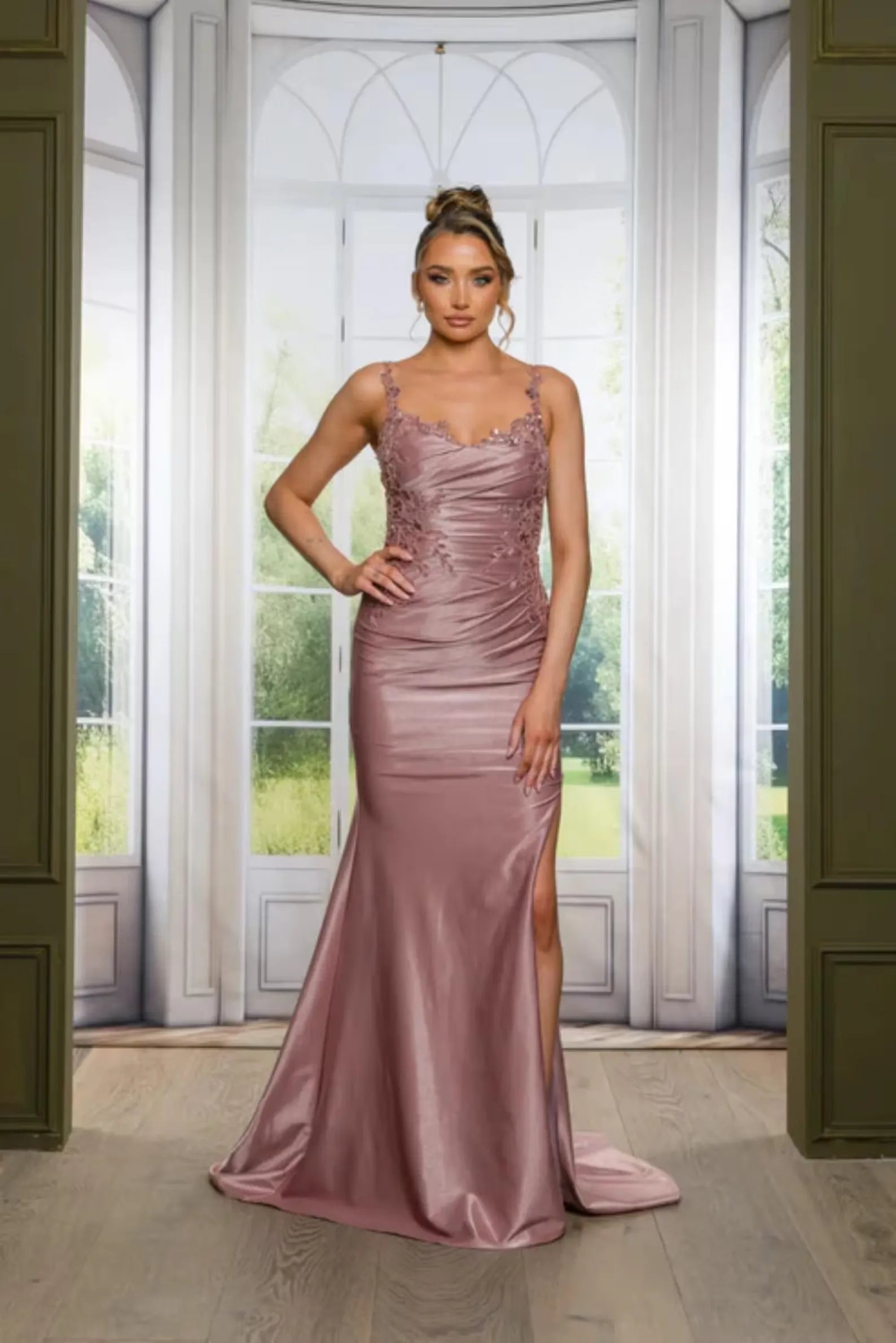 Mermaid Spaghetti Strap Lace Applique Satin Dusty Rose Floor Length Prom Dress