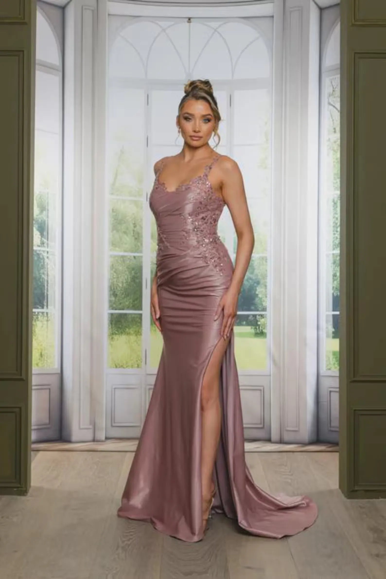 Mermaid Spaghetti Strap Lace Applique Satin Dusty Rose Floor Length Prom Dress