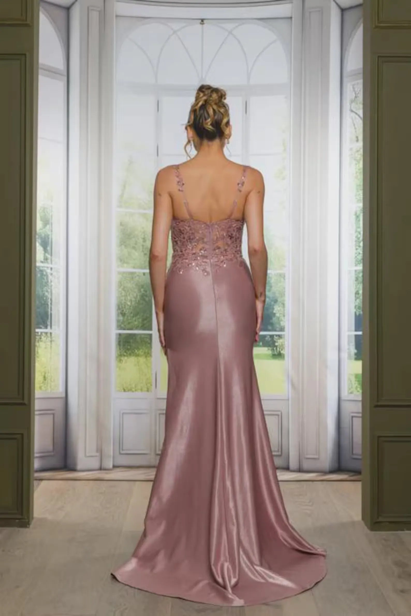 Mermaid Spaghetti Strap Lace Applique Satin Dusty Rose Floor Length Prom Dress