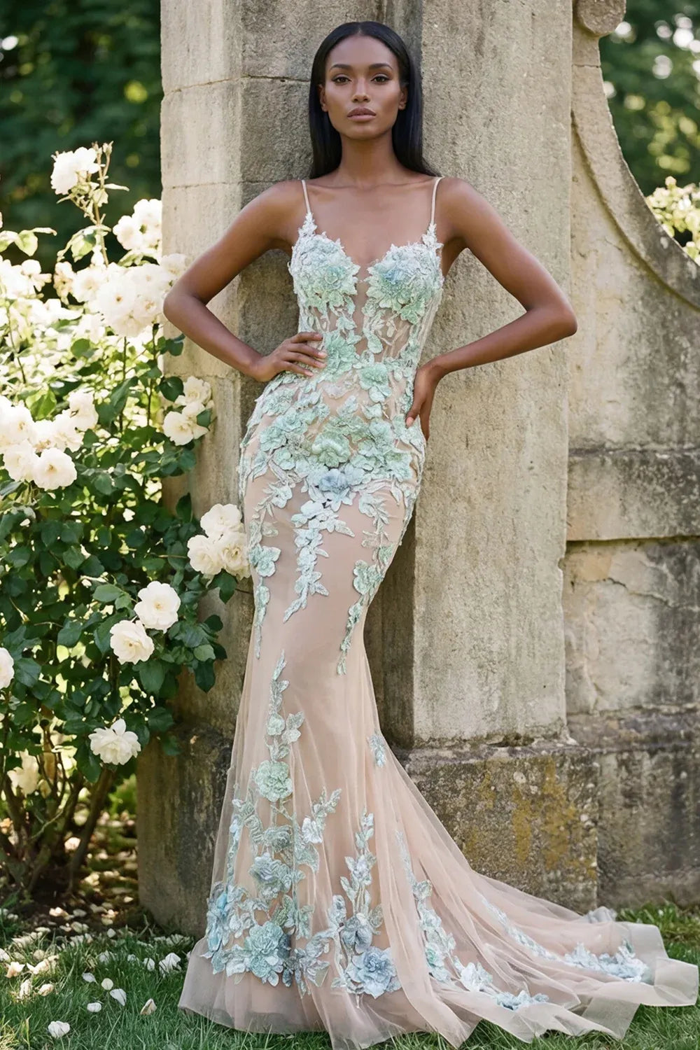 Mermaid Spaghetti Strap Mint Lace Applique Champagne Prom Dress With Train