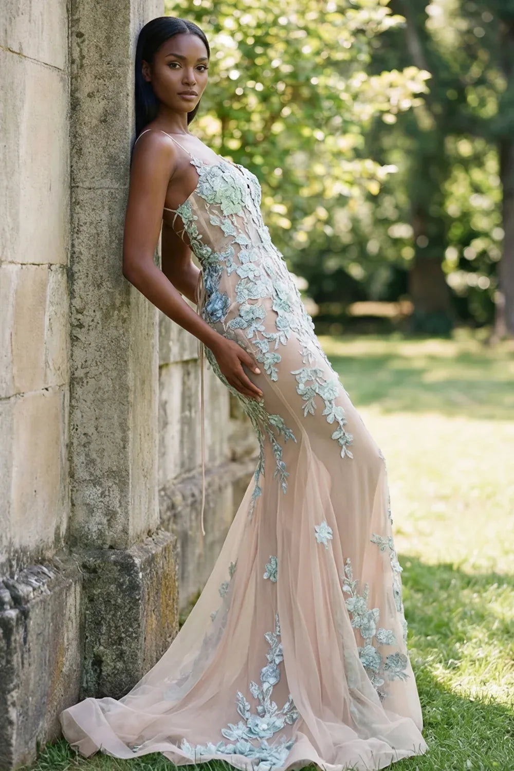 Mermaid Spaghetti Strap Mint Lace Applique Champagne Prom Dress With Train