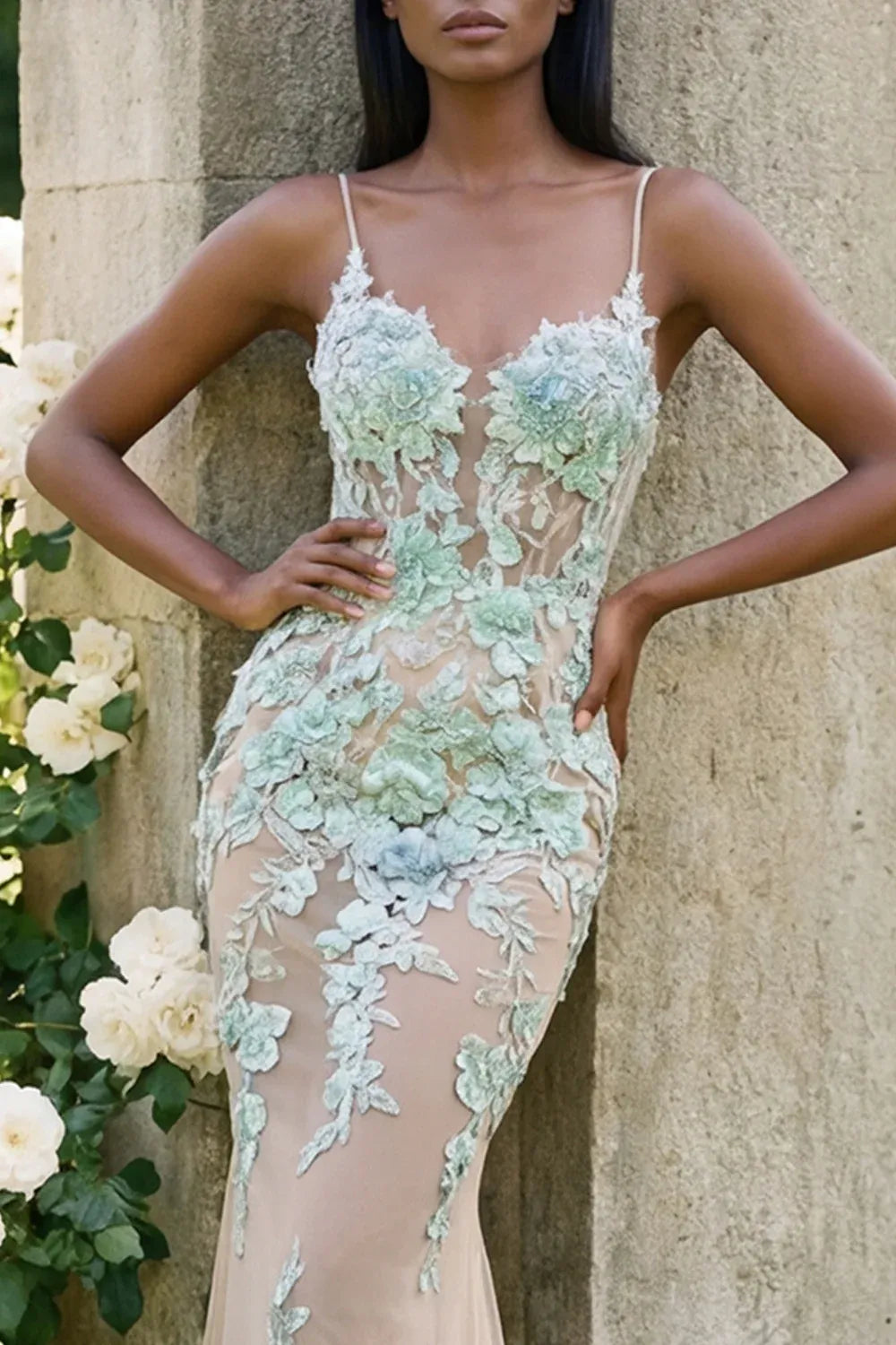 Mermaid Spaghetti Strap Mint Lace Applique Champagne Prom Dress With Train