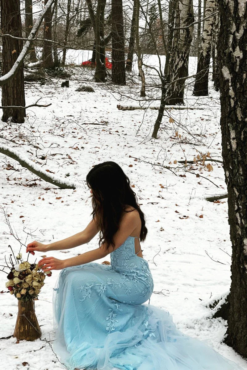 Mermaid Spaghetti Straps Applique Blue Prom Dress With Court Train