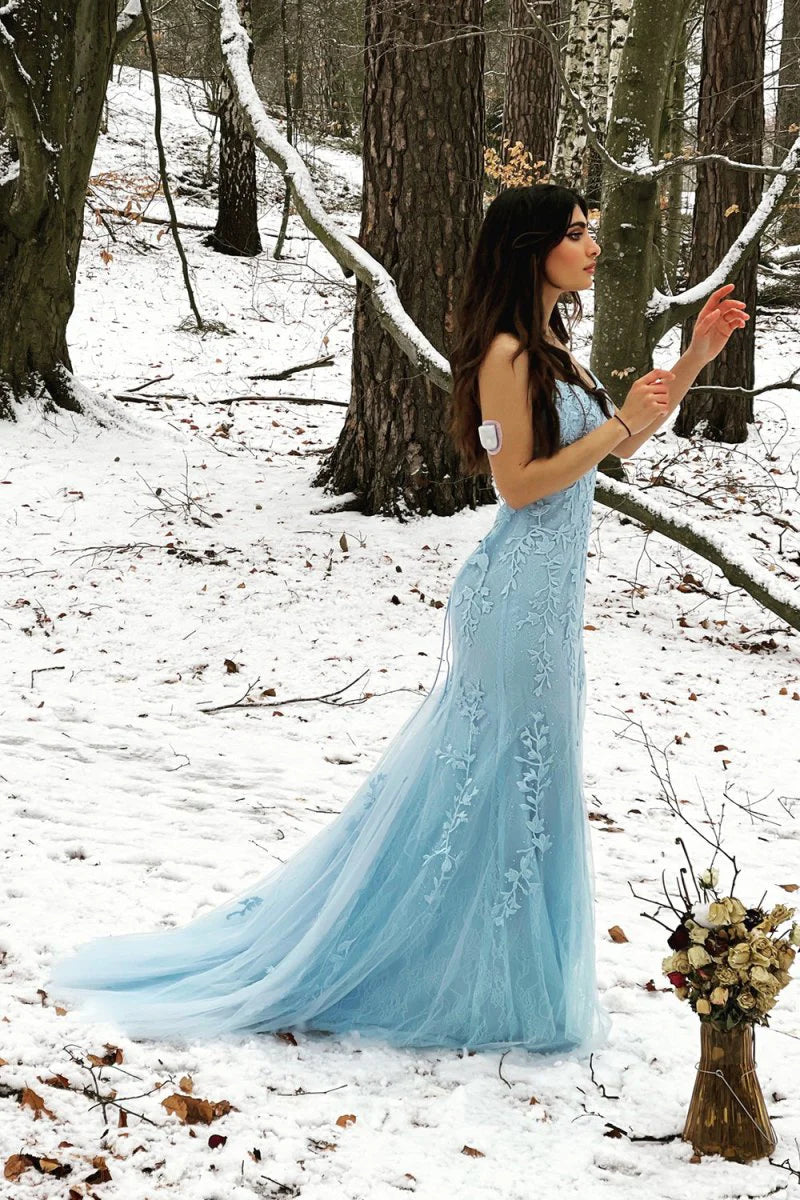 Mermaid Spaghetti Straps Applique Blue Prom Dress With Court Train