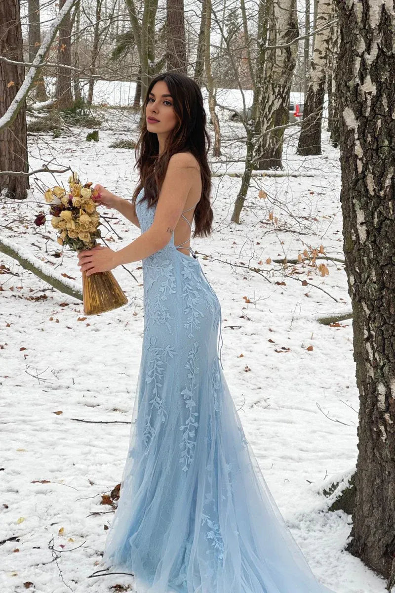 Mermaid Spaghetti Straps Applique Blue Prom Dress With Court Train