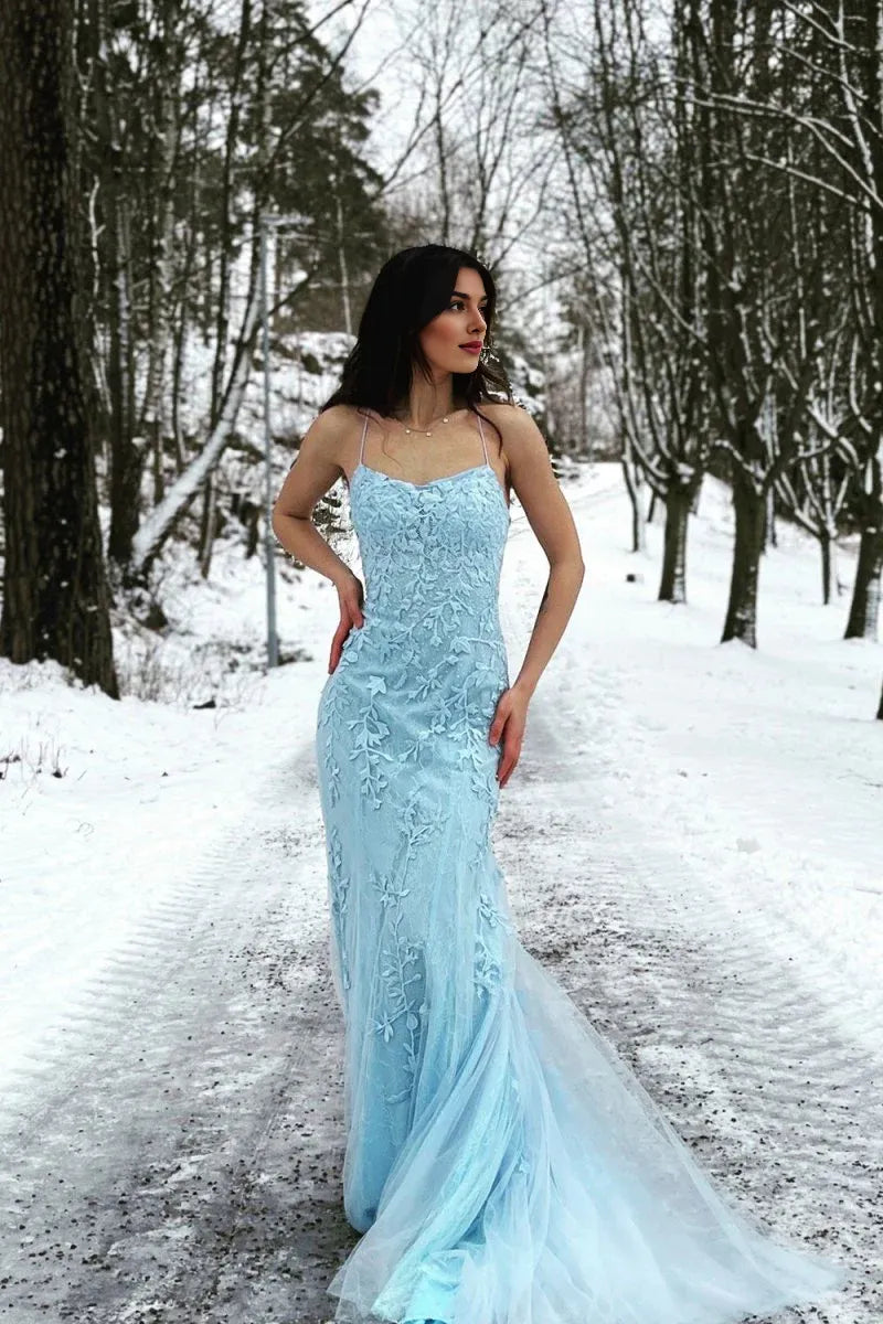 Mermaid Spaghetti Straps Applique Blue Prom Dress With Court Train