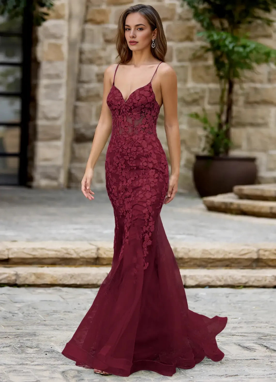 Mermaid Spaghetti Straps Applique Sheer Lace Tulle Burgundy Prom Dress