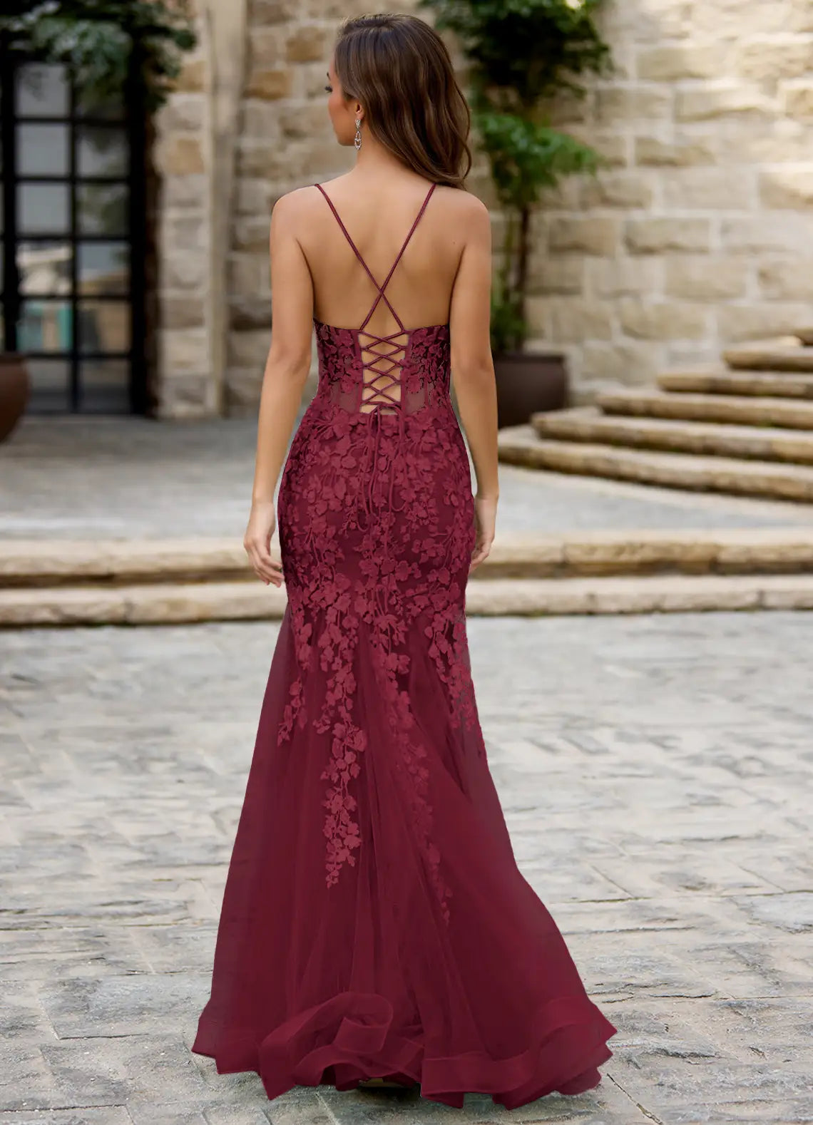 Mermaid Spaghetti Straps Applique Sheer Lace Tulle Burgundy Prom Dress