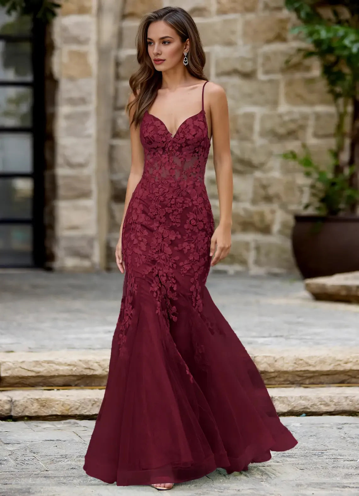 Mermaid Spaghetti Straps Applique Sheer Lace Tulle Burgundy Prom Dress