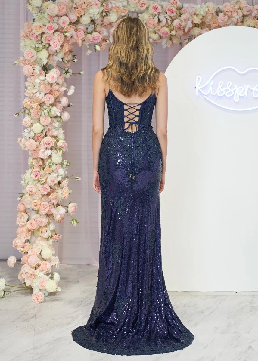 Mermaid Spaghetti Straps Appliques Sequin Navy Blue Evening Dress With Slit