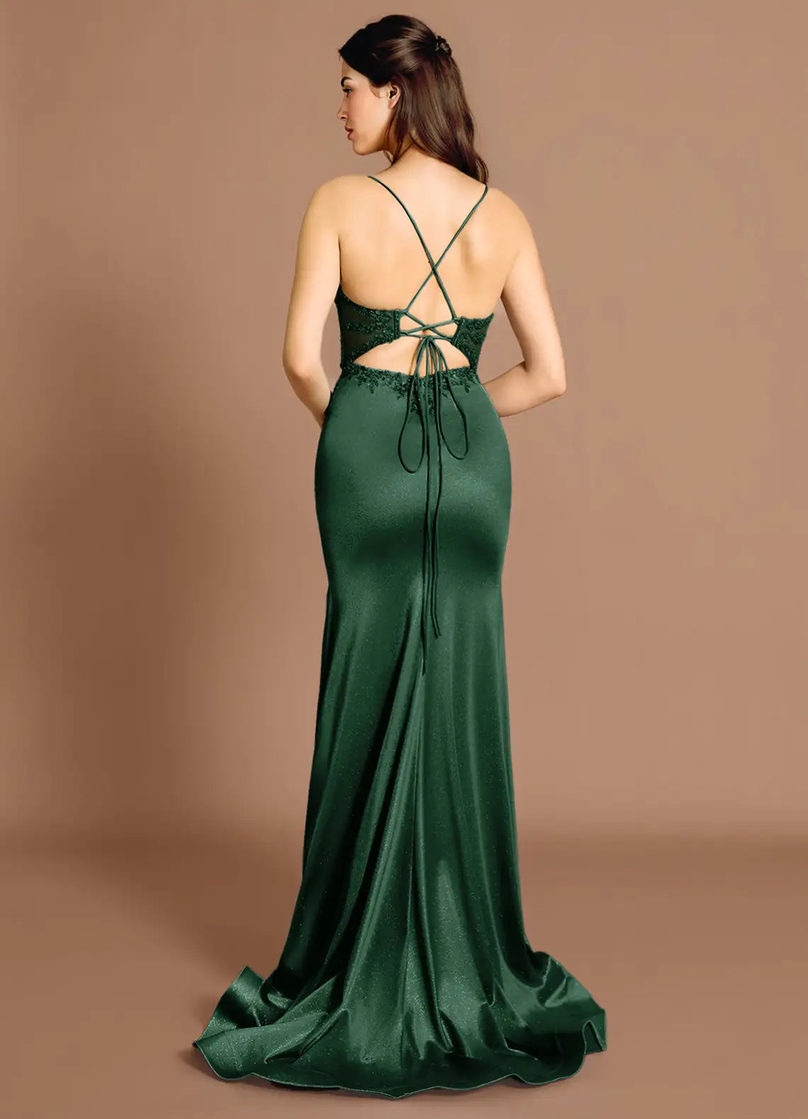 Mermaid Spaghetti Straps Beaded Applique Satin Emerald Maxi Evening Dress