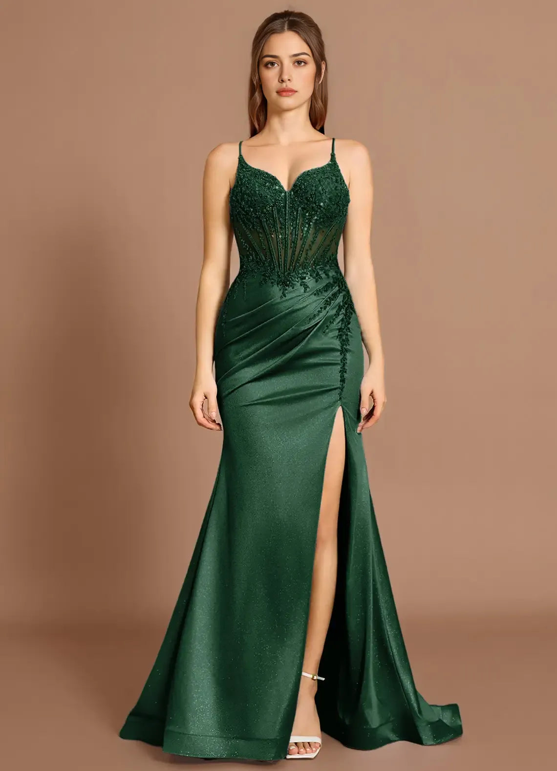 Mermaid Spaghetti Straps Beaded Applique Satin Emerald Maxi Evening Dress