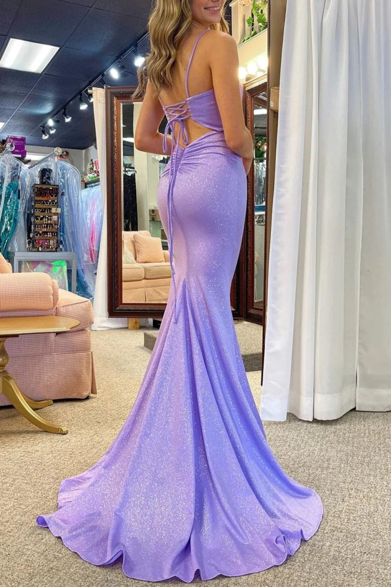 Mermaid Spaghetti Straps Beaded Lace-Up Lavender Long Prom Dress With Slit