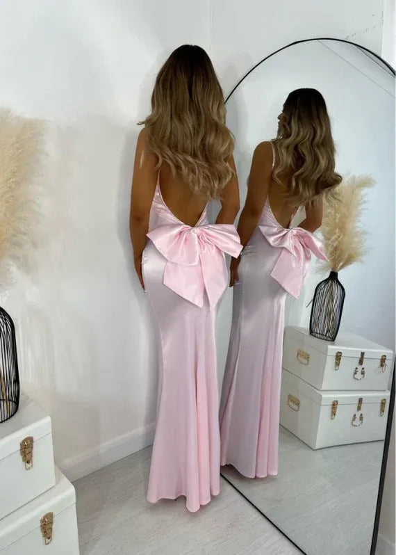 Mermaid Spaghetti Straps Beaded Open Back Satin Pink Prom Dress With Bow