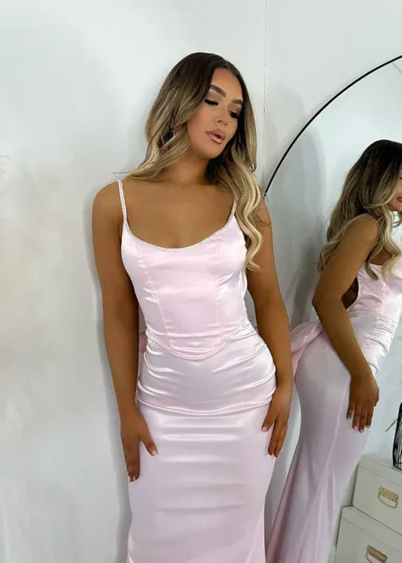 Mermaid Spaghetti Straps Beaded Open Back Satin Pink Prom Dress With Bow