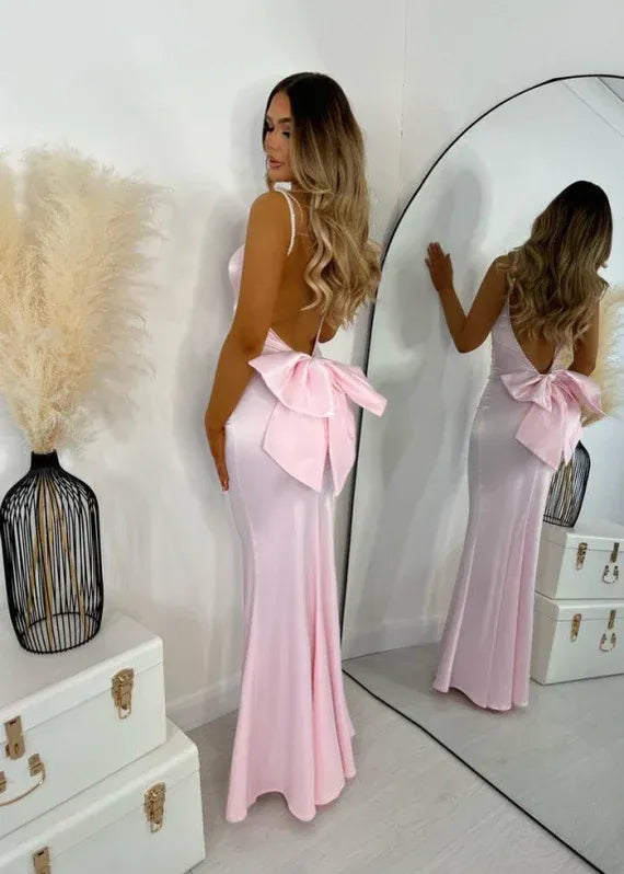 Mermaid Spaghetti Straps Beaded Open Back Satin Pink Prom Dress With Bow