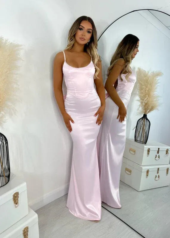 Mermaid Spaghetti Straps Beaded Open Back Satin Pink Prom Dress With Bow