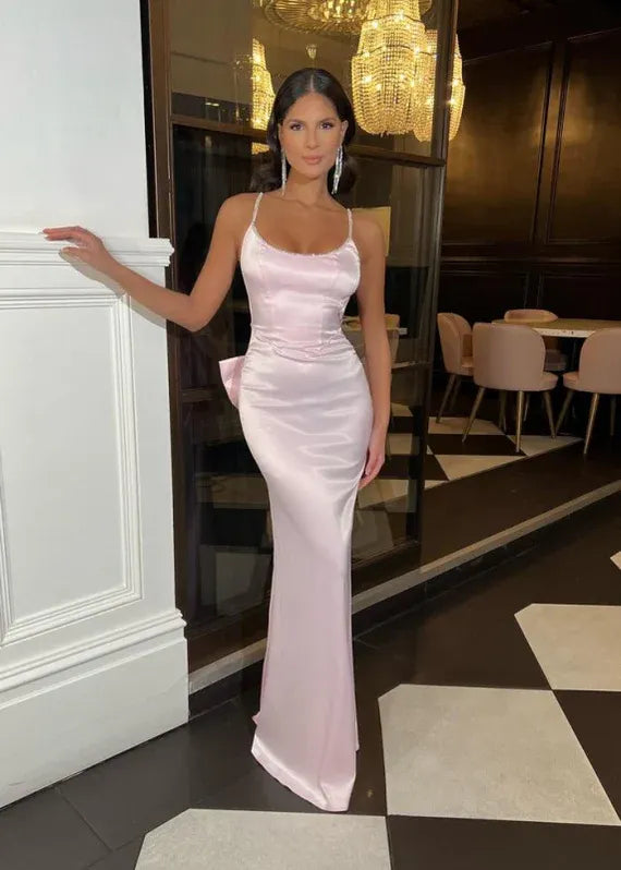 Mermaid Spaghetti Straps Beaded Open Back Satin Pink Prom Dress With Bow