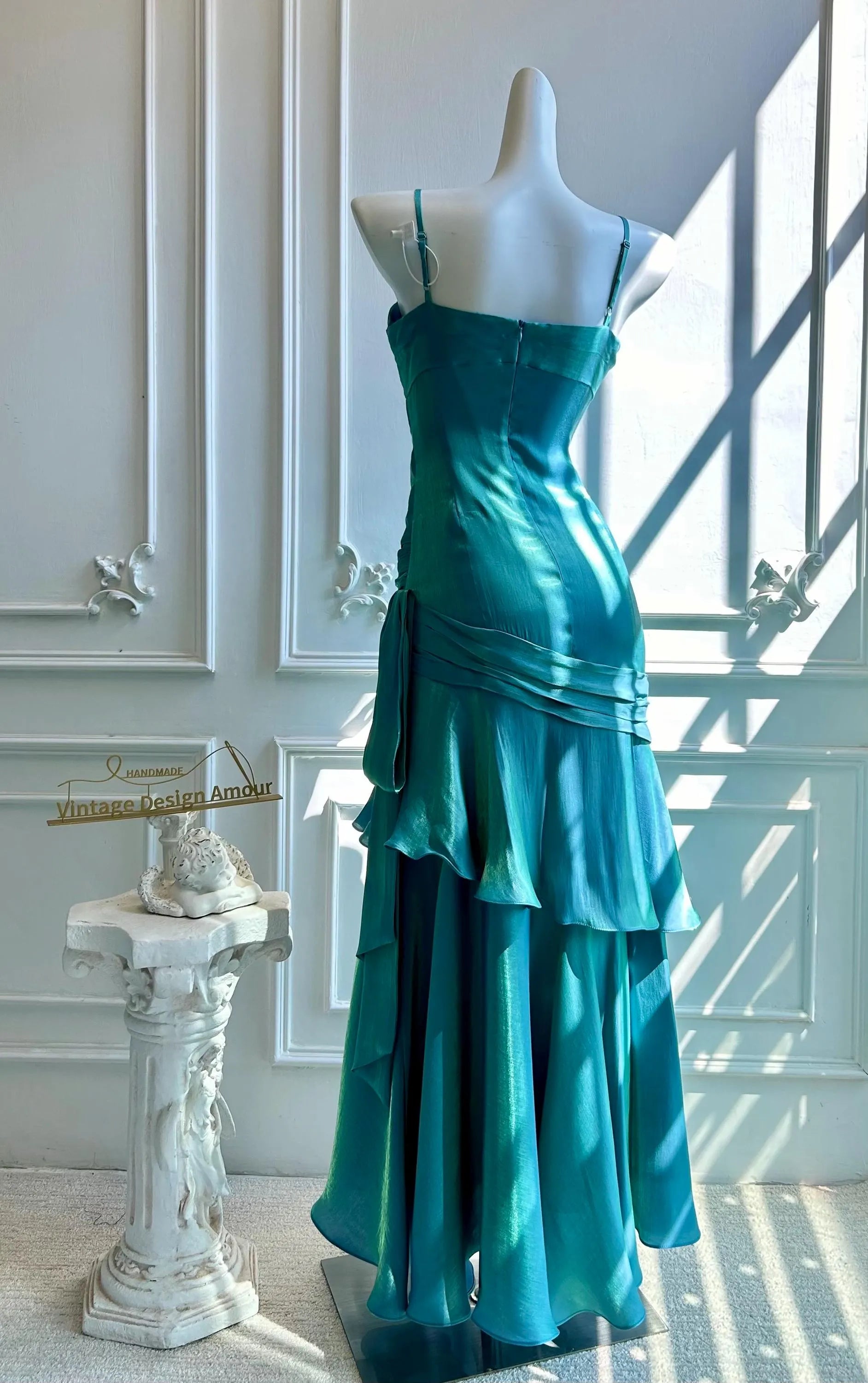 Mermaid Spaghetti Straps Beaded Ruched Ruffle Teal Long Prom Dress Custom