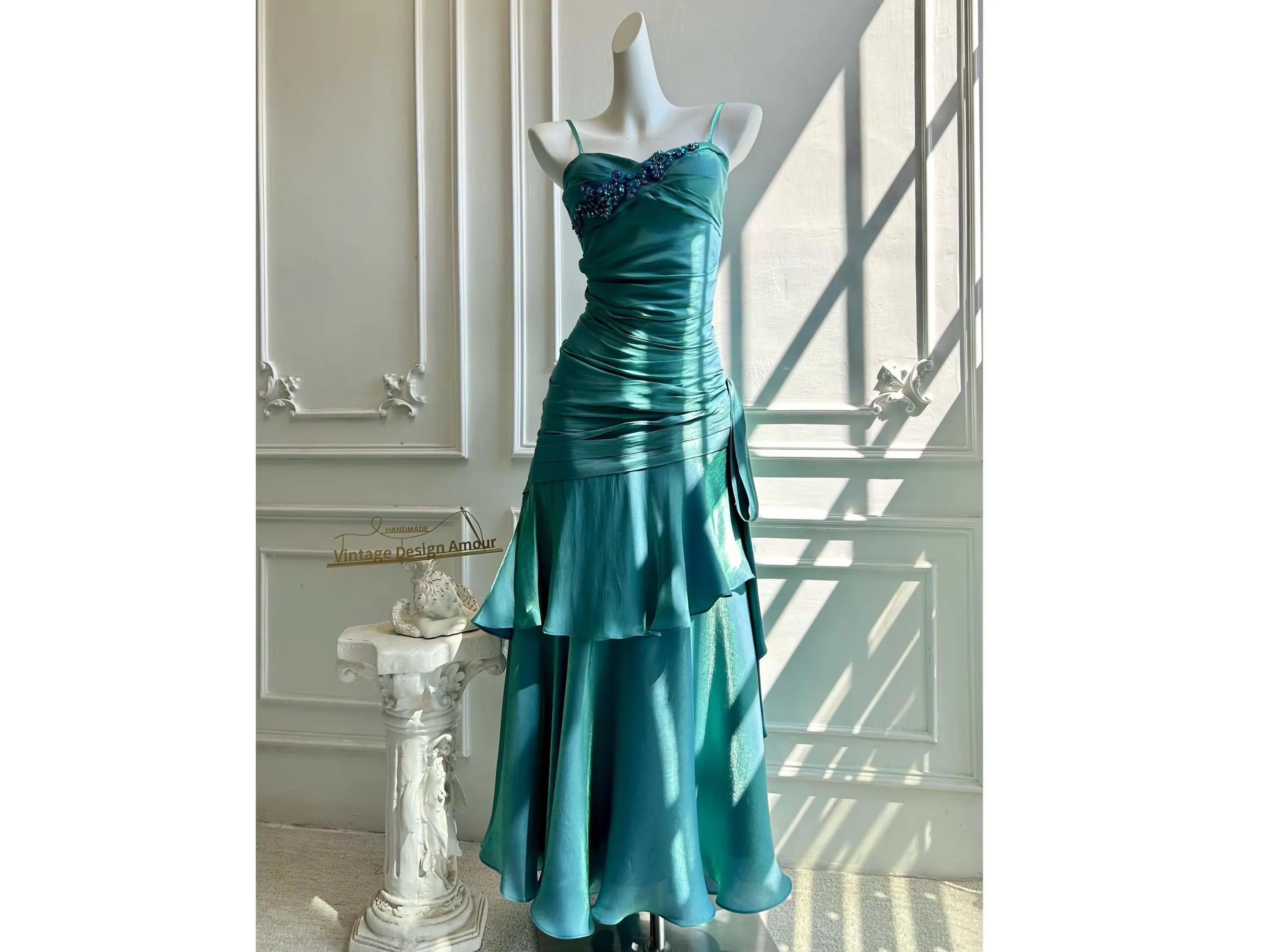 Mermaid Spaghetti Straps Beaded Ruched Ruffle Teal Long Prom Dress Custom
