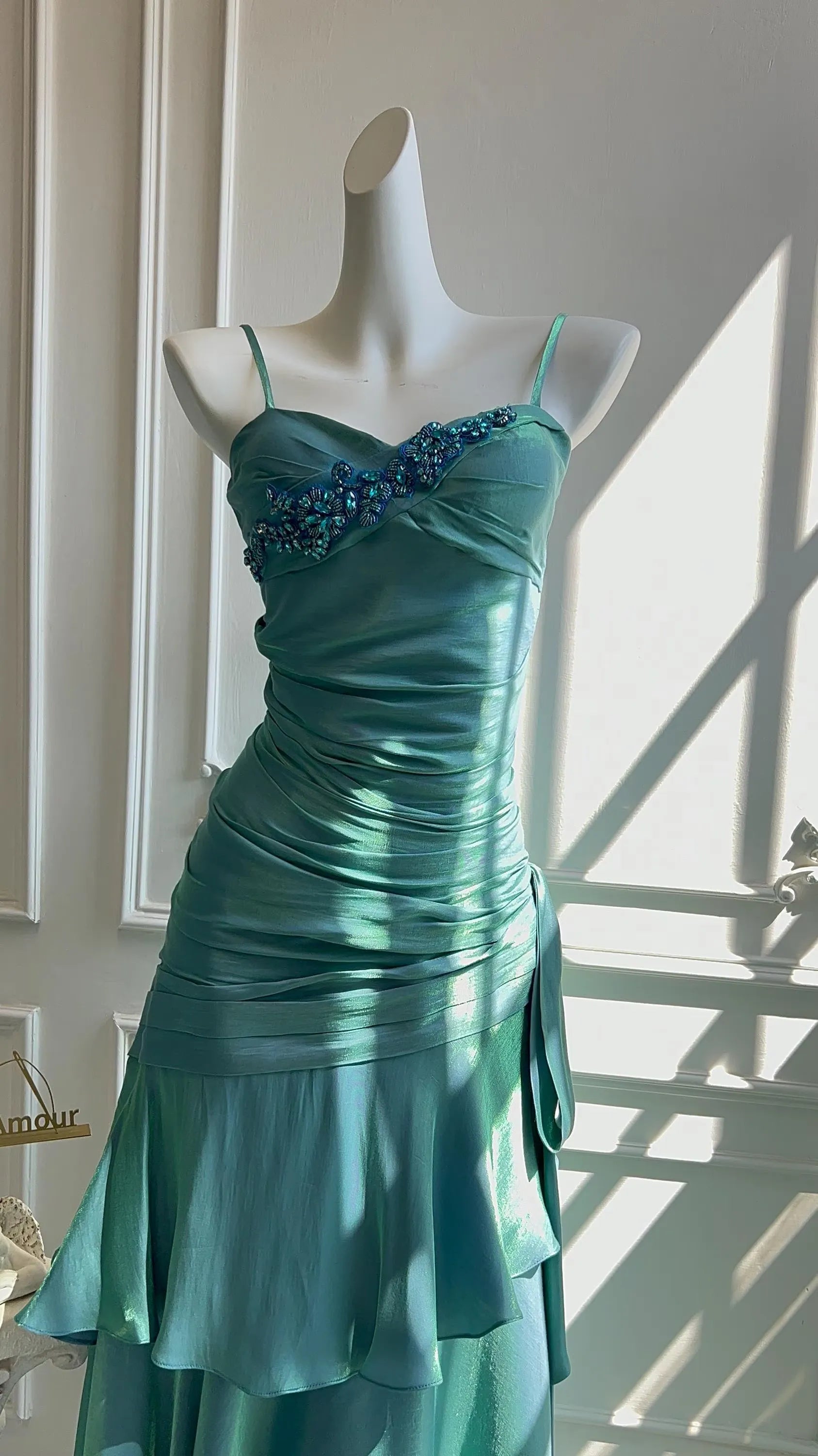 Mermaid Spaghetti Straps Beaded Ruched Ruffle Teal Long Prom Dress Custom