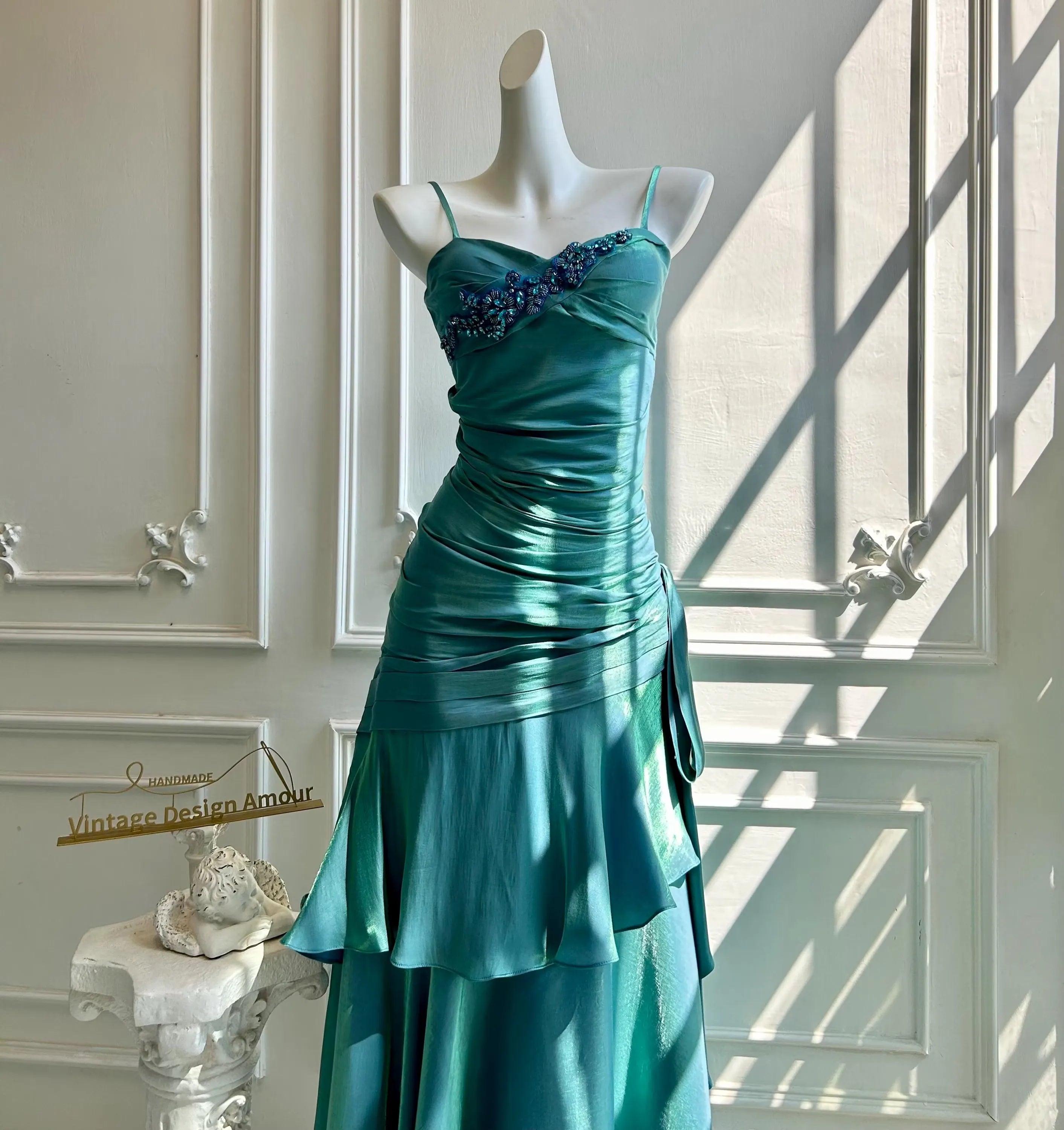 Mermaid Spaghetti Straps Beaded Ruched Ruffle Teal Long Prom Dress Custom