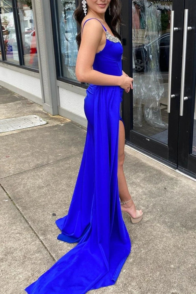 Mermaid Spaghetti Straps Beaded Satin Blue Long Evening Dress With Streamer