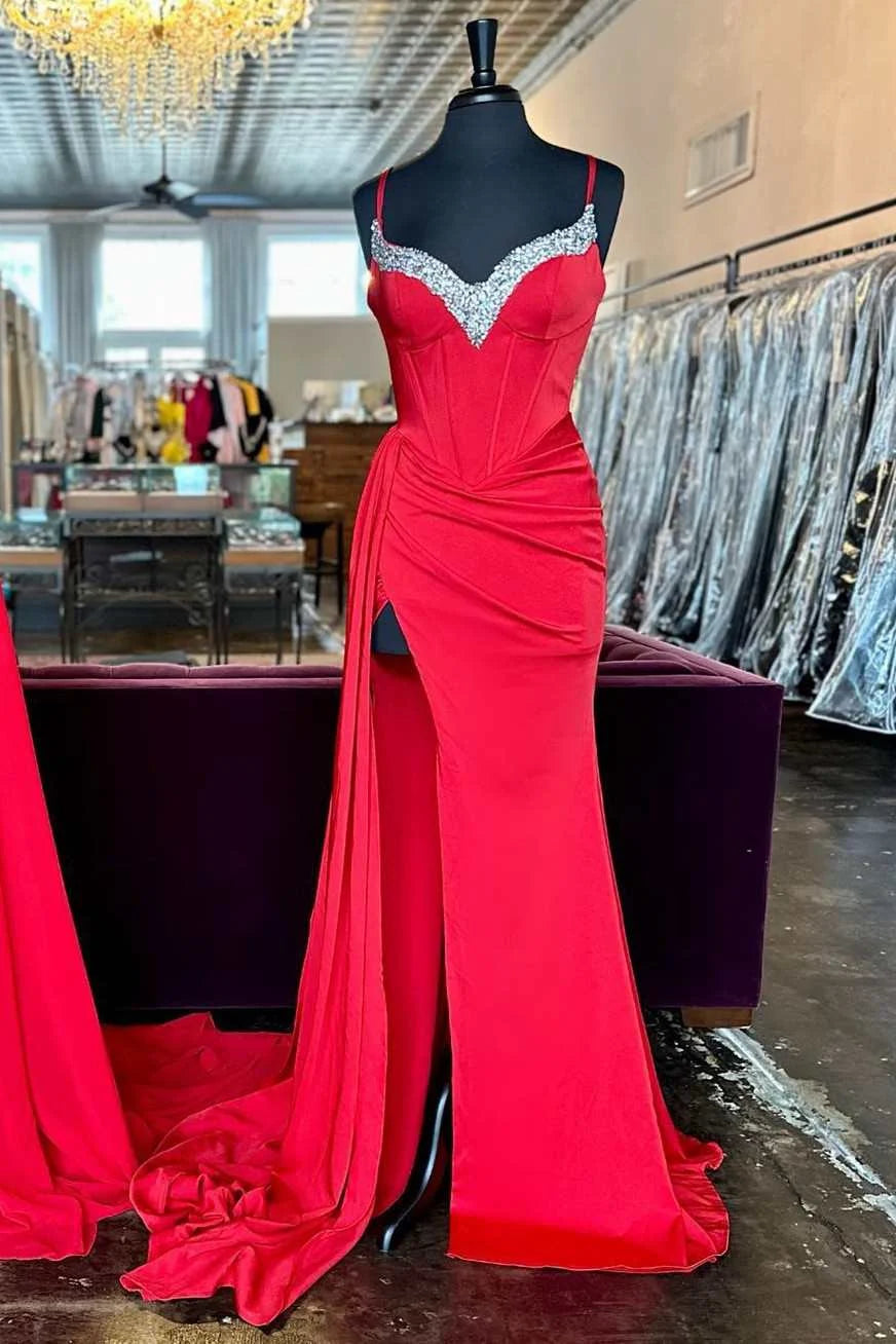 Mermaid Spaghetti Straps Beaded Satin Blue Long Evening Dress With Streamer