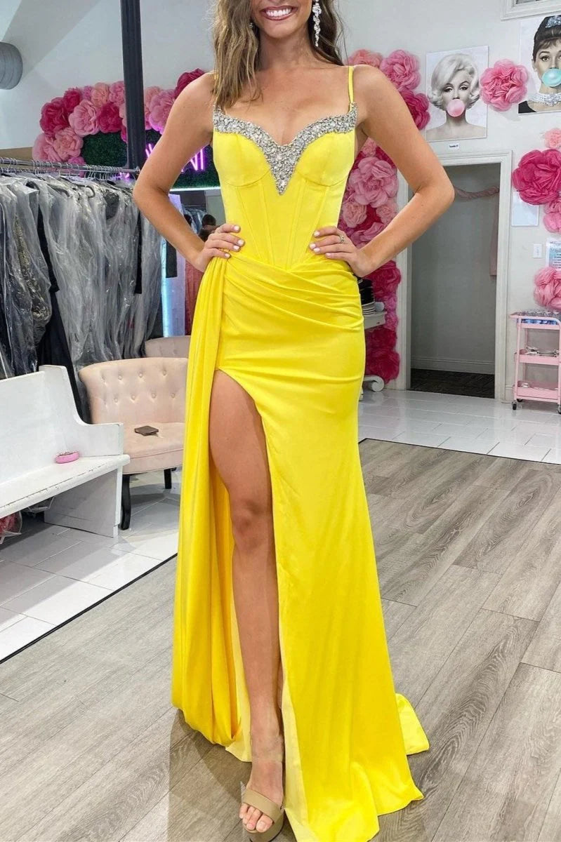 Mermaid Spaghetti Straps Beaded Satin Blue Long Evening Dress With Streamer