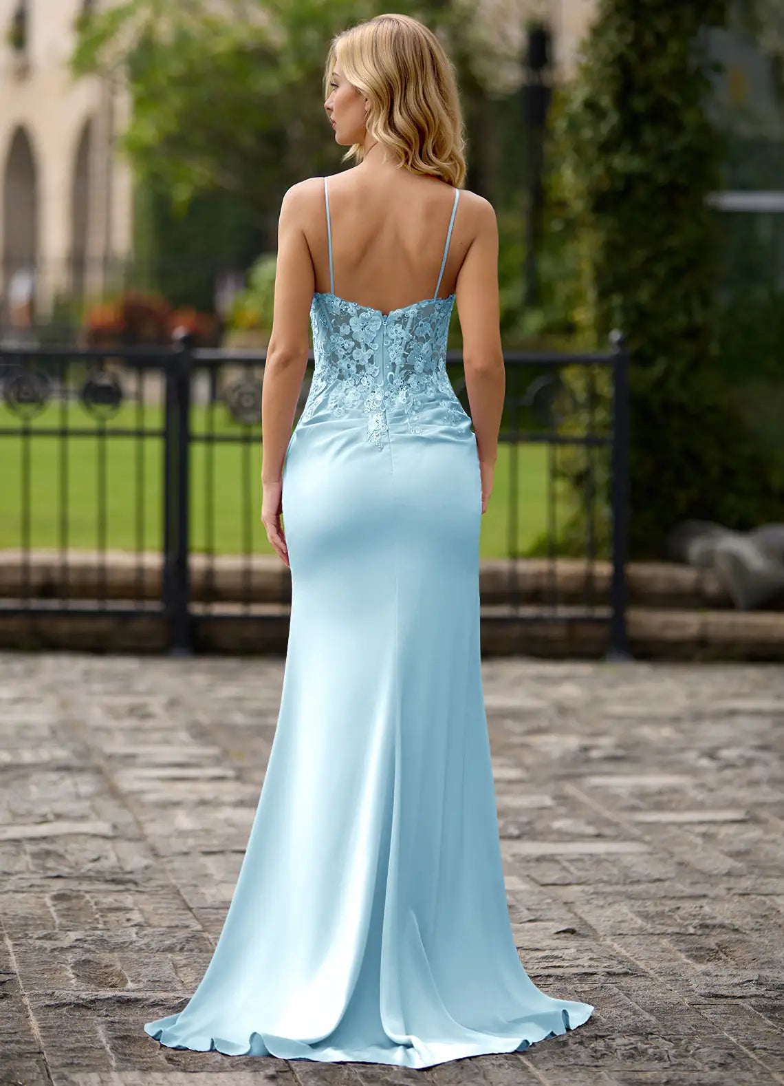Mermaid Spaghetti Straps Beaded Satin Lace Light Blue Maxi Prom Dress