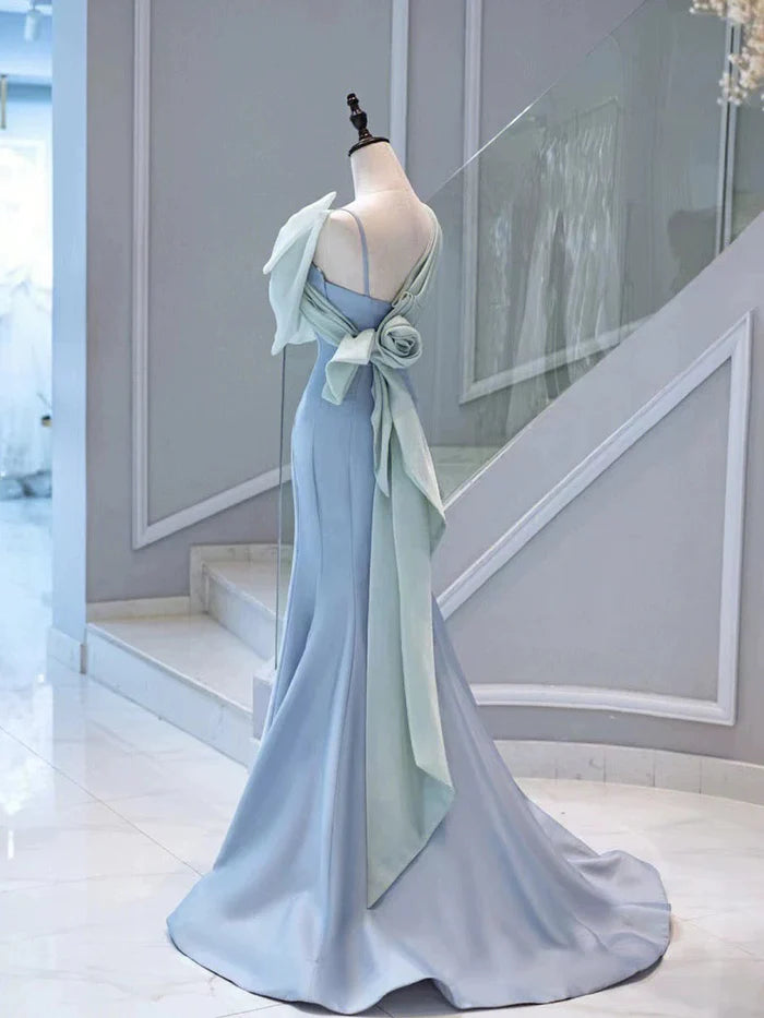 Mermaid Spaghetti Straps Bow Satin Blue Long Evening Dress Prom Dress