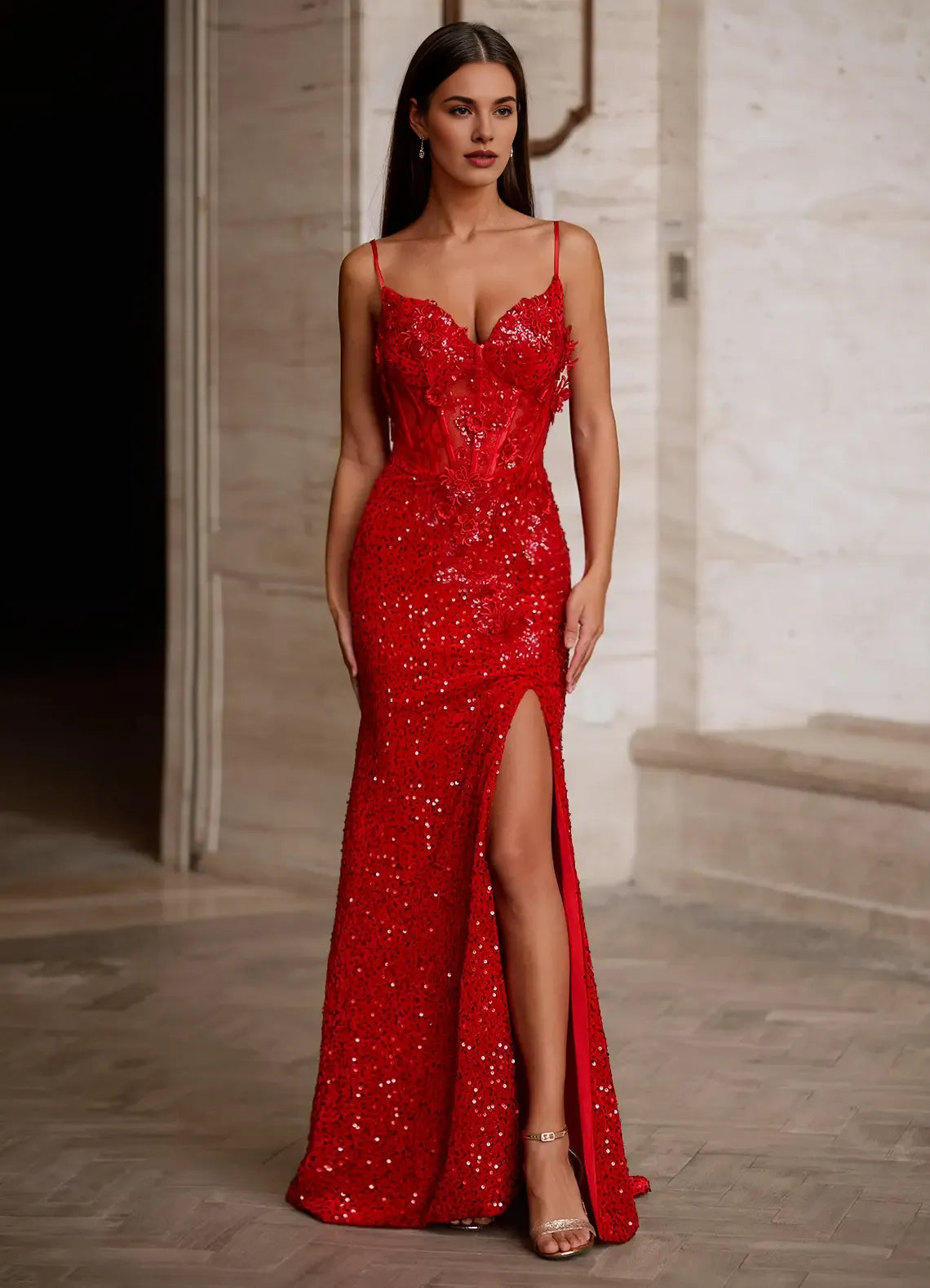 Mermaid Spaghetti Straps Corset Applique Sequin Red Maxi Prom Dress