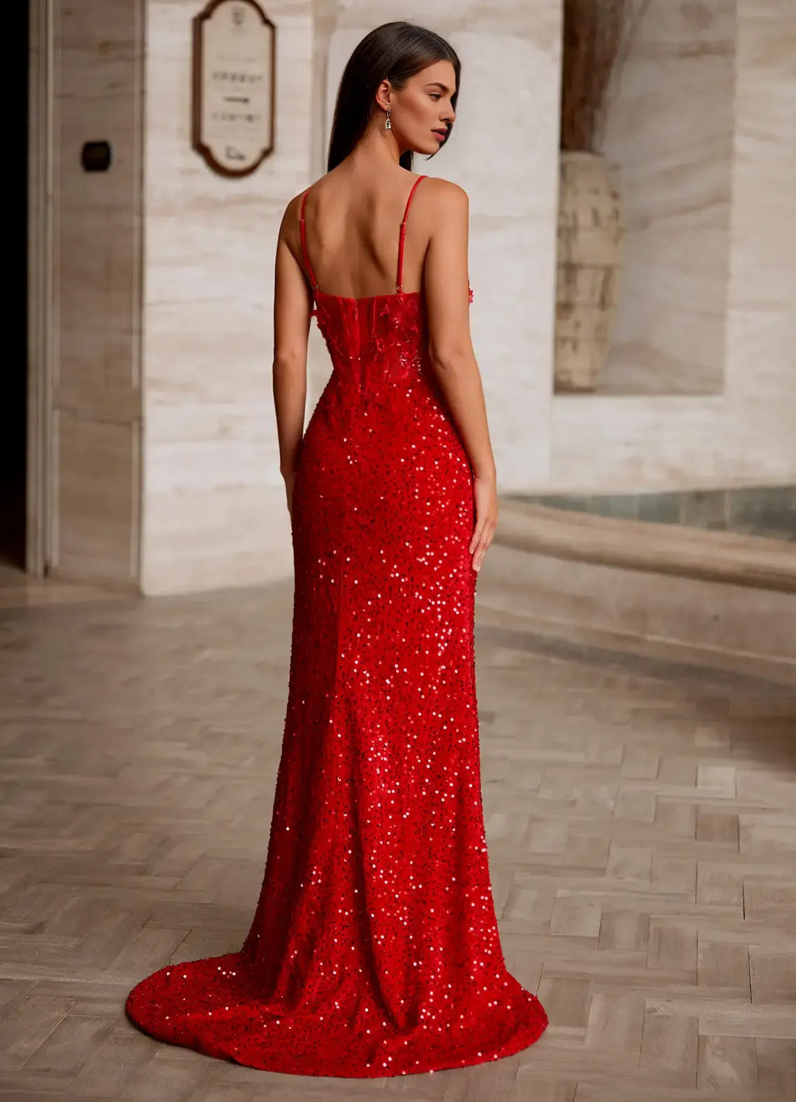 Mermaid Spaghetti Straps Corset Applique Sequin Red Maxi Prom Dress