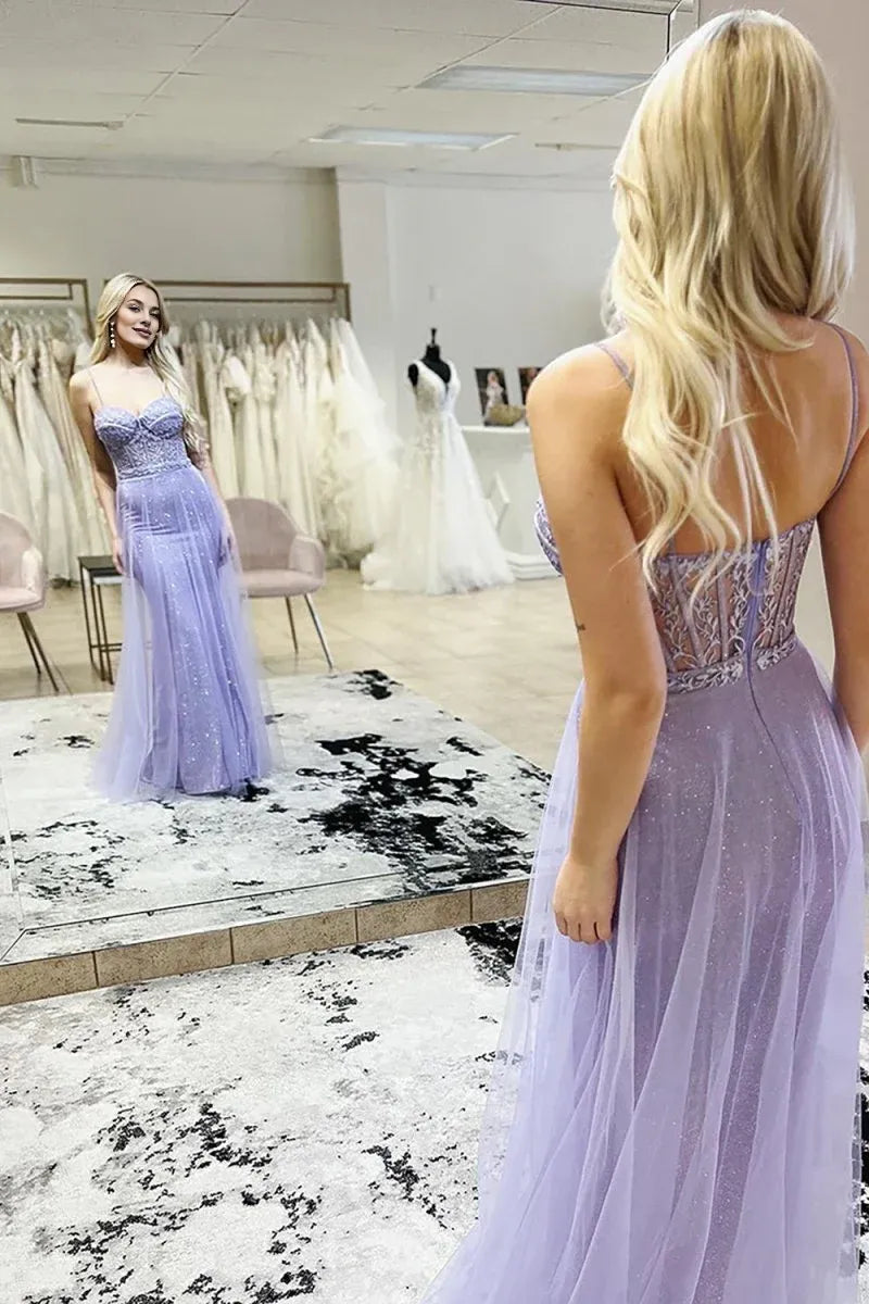Mermaid Spaghetti Straps Corset Appliques Purple Evening Dress Prom Dress