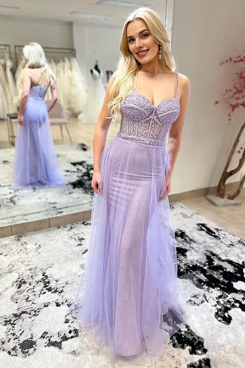 Mermaid Spaghetti Straps Corset Appliques Purple Evening Dress Prom Dress